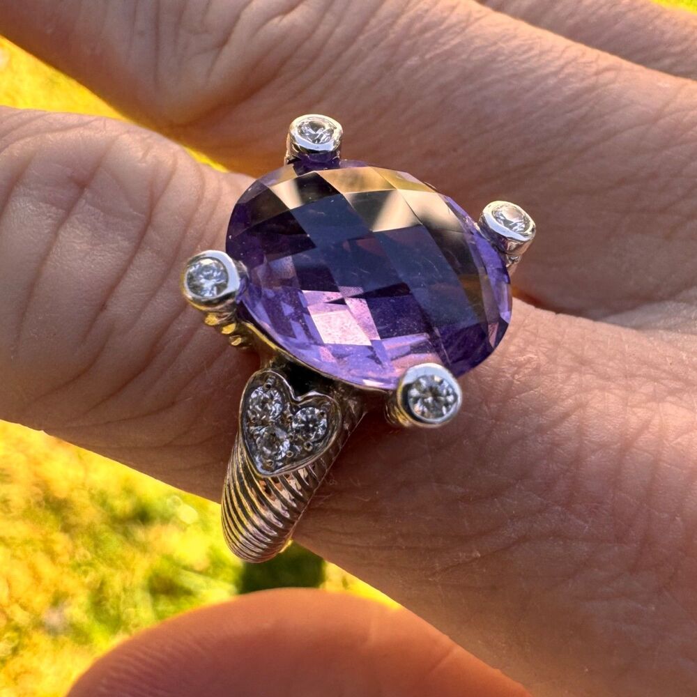 JUDITH RIPKA Sterling Silver Amethyst Ring w Hearts & CZ Size 8 - 925 Vintage - Picture 3 of 14